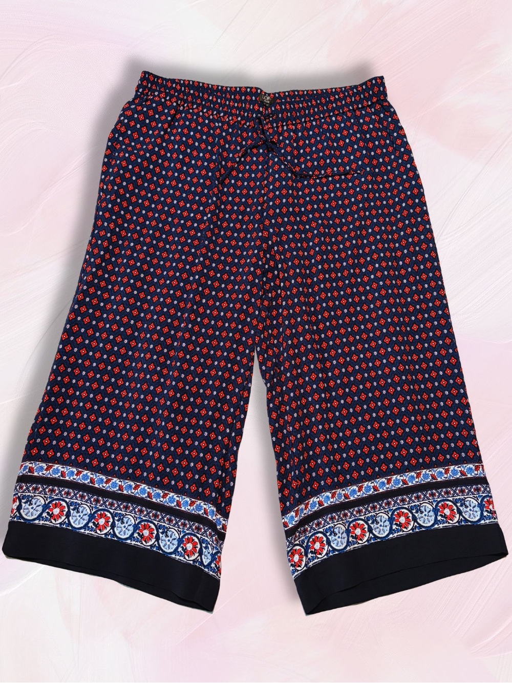 NWT LOFT Blue Floral-Style Patterned Pants with Red Accents
